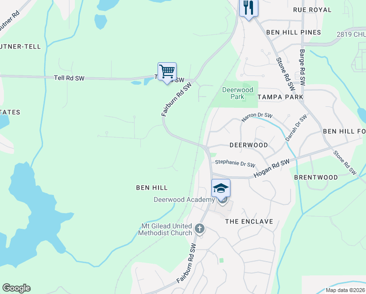 map of restaurants, bars, coffee shops, grocery stores, and more near 2855 Fairburn Place Southwest in Atlanta