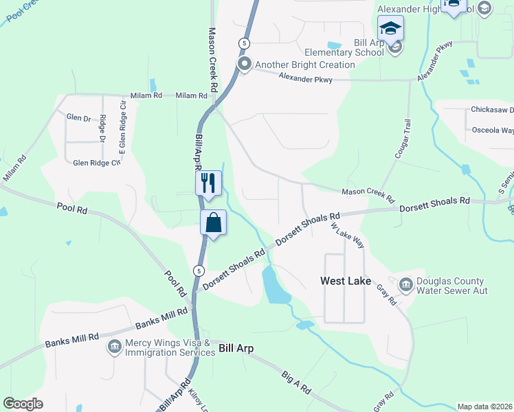 map of restaurants, bars, coffee shops, grocery stores, and more near 6853 Spring Valley Court in Douglasville