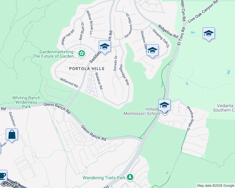 map of restaurants, bars, coffee shops, grocery stores, and more near 19732 Torres Way in Trabuco Canyon