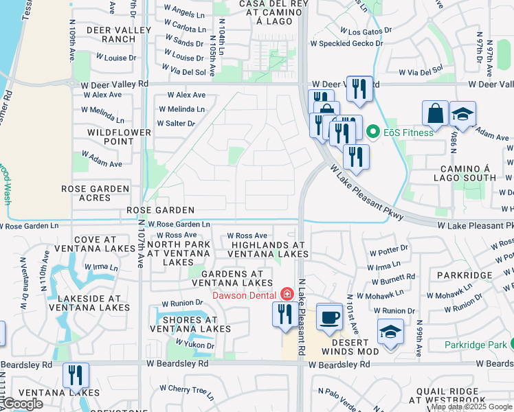 map of restaurants, bars, coffee shops, grocery stores, and more near 10268-10646 West Rose Garden Lane in Peoria