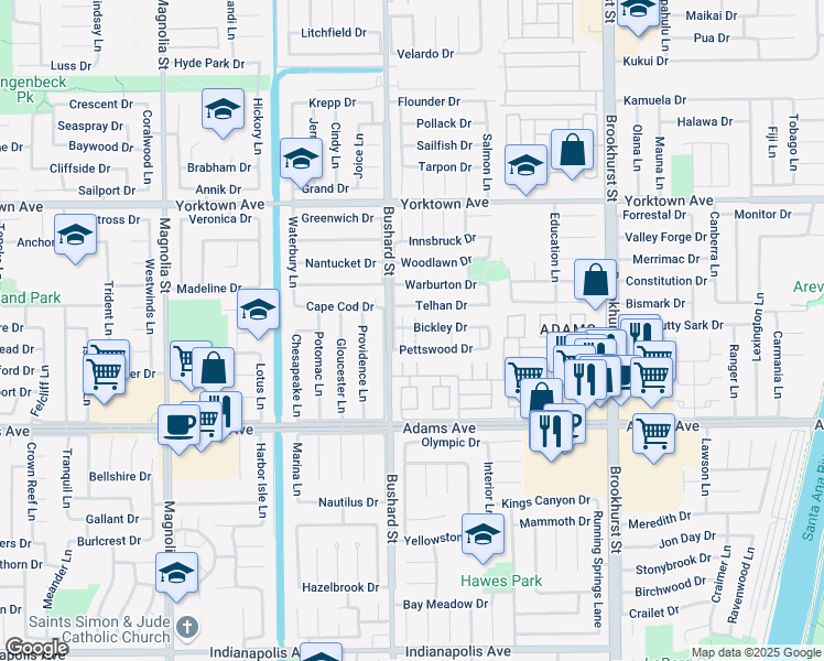 map of restaurants, bars, coffee shops, grocery stores, and more near 9554 Bickley Drive in Huntington Beach
