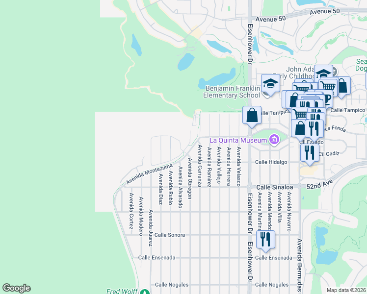 map of restaurants, bars, coffee shops, grocery stores, and more near 51300 Avenue Alvarado in La Quinta