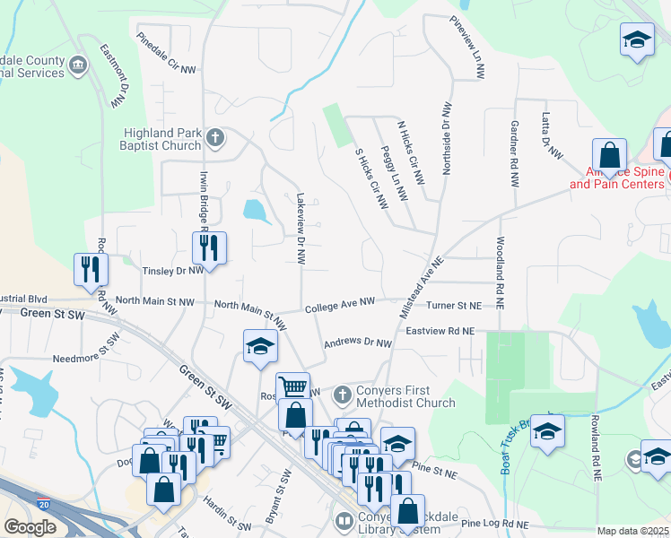 map of restaurants, bars, coffee shops, grocery stores, and more near 1202 Springwood Circle Northwest in Conyers