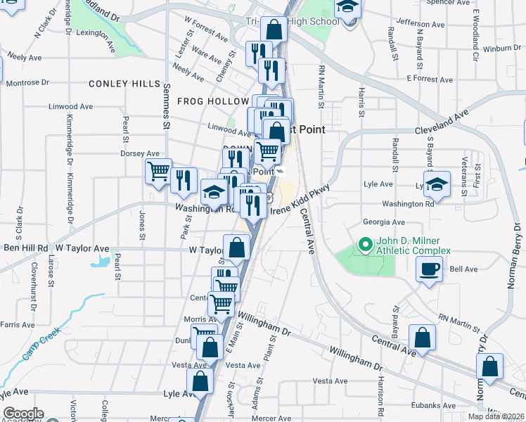 map of restaurants, bars, coffee shops, grocery stores, and more near 1567 East Hamilton Avenue in East Point