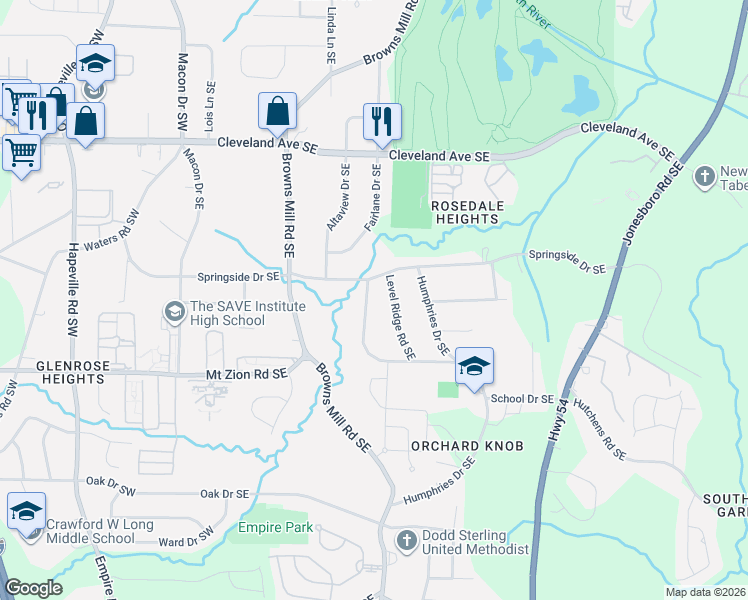 map of restaurants, bars, coffee shops, grocery stores, and more near 2915 River Ridge Drive Southwest in Atlanta