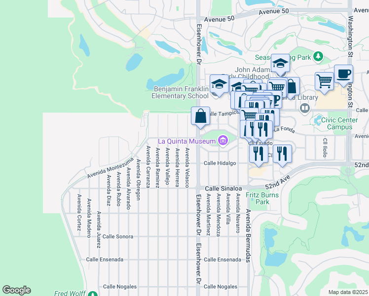 map of restaurants, bars, coffee shops, grocery stores, and more near 51345 Avenida Velasco in La Quinta