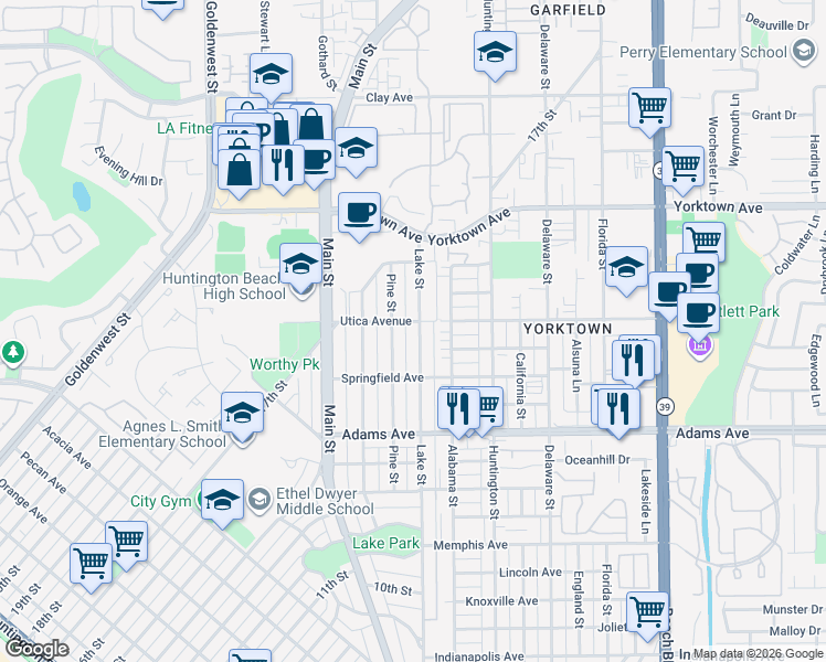 map of restaurants, bars, coffee shops, grocery stores, and more near 1841 Lake Street in Huntington Beach