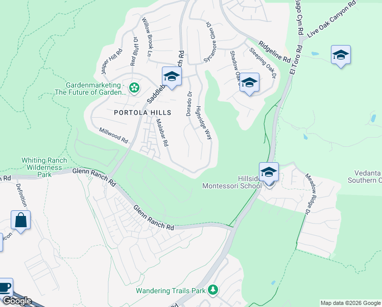 map of restaurants, bars, coffee shops, grocery stores, and more near 19732 Torres Way in Trabuco Canyon