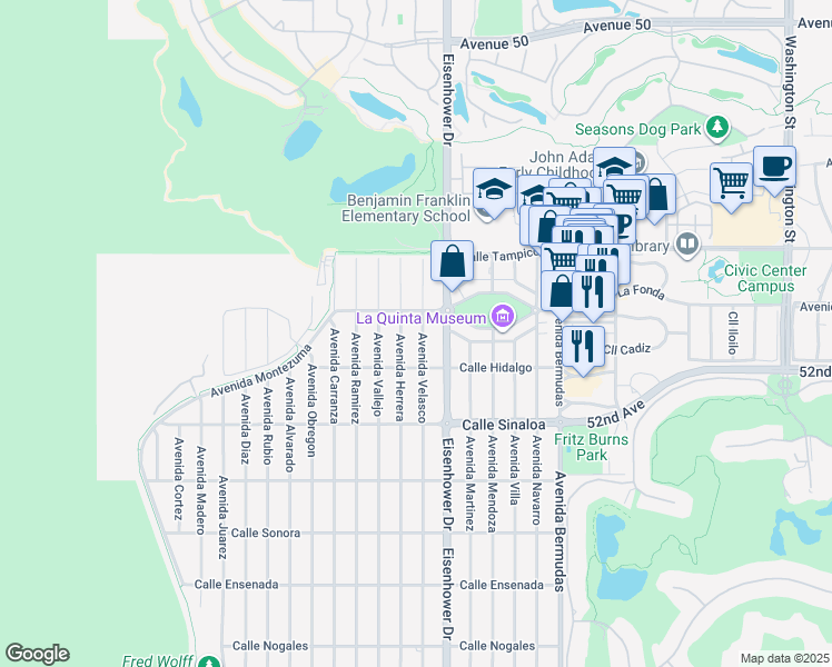 map of restaurants, bars, coffee shops, grocery stores, and more near 51405 Eisenhower Drive in La Quinta