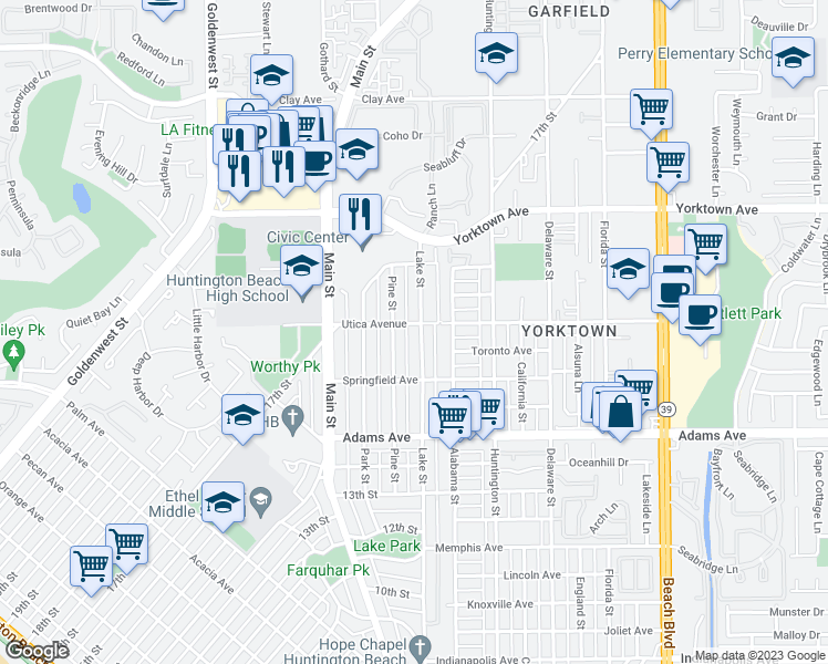 map of restaurants, bars, coffee shops, grocery stores, and more near 1841 Lake Street in Huntington Beach