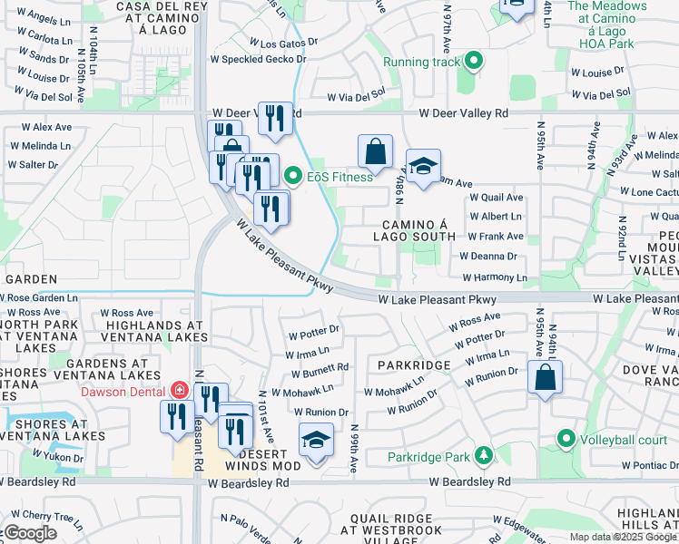 map of restaurants, bars, coffee shops, grocery stores, and more near 9963 West Lake Pleasant Parkway in Peoria