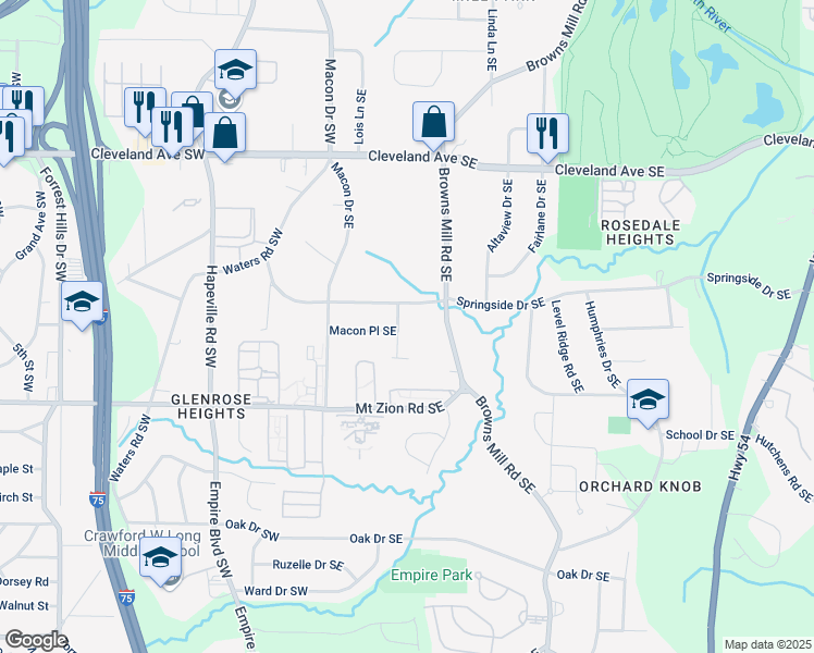 map of restaurants, bars, coffee shops, grocery stores, and more near 2904 Springside Place Southeast in Atlanta
