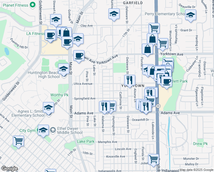 map of restaurants, bars, coffee shops, grocery stores, and more near 214 Utica Avenue in Huntington Beach