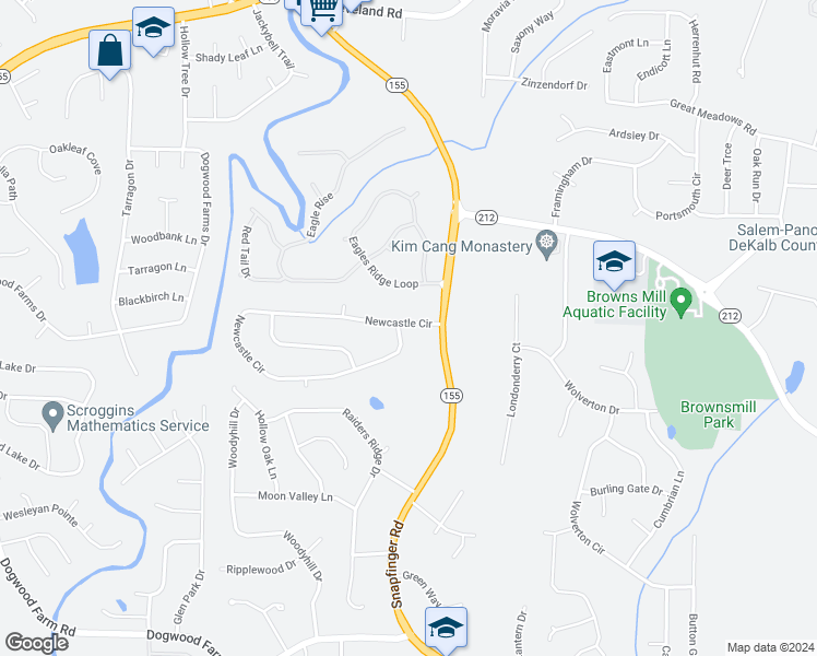 map of restaurants, bars, coffee shops, grocery stores, and more near 4290 Newcastle Circle in Lithonia