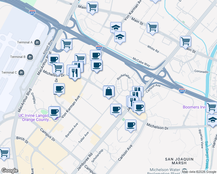 map of restaurants, bars, coffee shops, grocery stores, and more near 99 Waldorf in Irvine