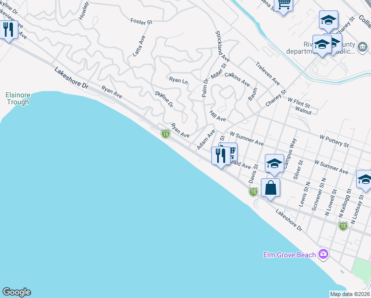 map of restaurants, bars, coffee shops, grocery stores, and more near 17945 Lakeshore Drive in Lake Elsinore