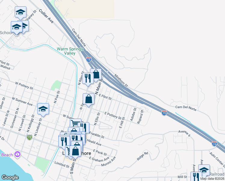 map of restaurants, bars, coffee shops, grocery stores, and more near 513 Lookout Street in Lake Elsinore