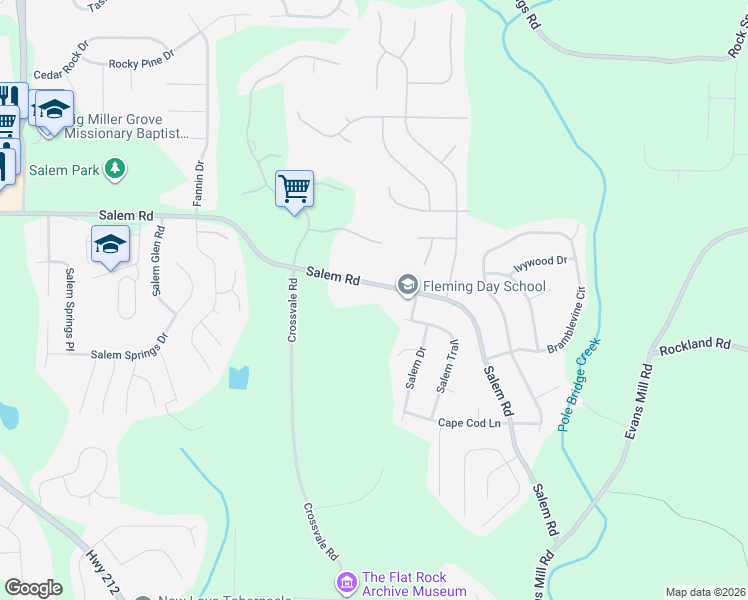 map of restaurants, bars, coffee shops, grocery stores, and more near 5601 Salem Road in Stonecrest