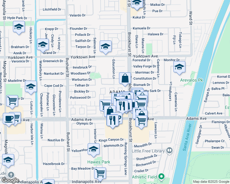 map of restaurants, bars, coffee shops, grocery stores, and more near 19774 Cambridge Lane in Huntington Beach