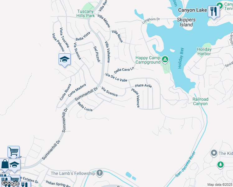 map of restaurants, bars, coffee shops, grocery stores, and more near 23 Vía Scenica in Lake Elsinore