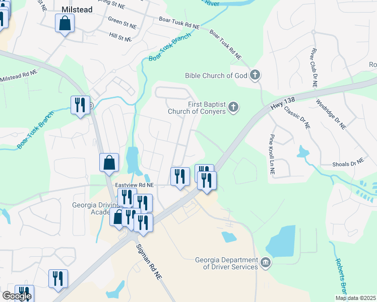 map of restaurants, bars, coffee shops, grocery stores, and more near 1916 Cornerstone Pass in Conyers