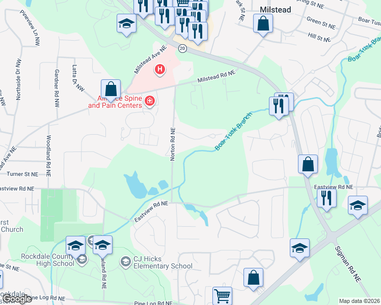 map of restaurants, bars, coffee shops, grocery stores, and more near 1255 Norton Rd NE in Conyers
