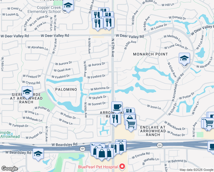 map of restaurants, bars, coffee shops, grocery stores, and more near 6769 West Monona Drive in Glendale
