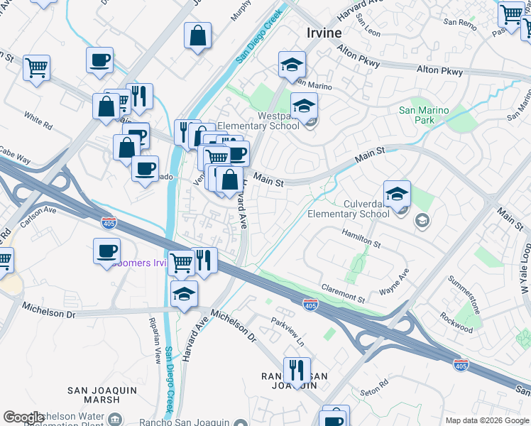 map of restaurants, bars, coffee shops, grocery stores, and more near 3 Almador in Irvine