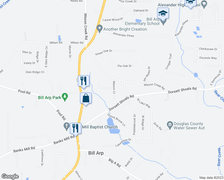 map of restaurants, bars, coffee shops, grocery stores, and more near 6813 Spring Valley Court in Douglasville