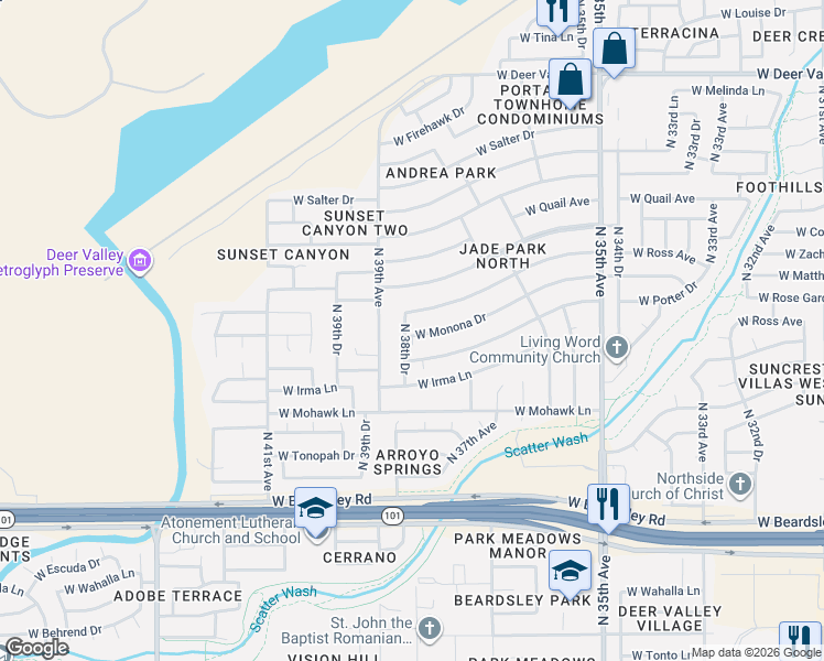 map of restaurants, bars, coffee shops, grocery stores, and more near 3802 West Potter Drive in Glendale