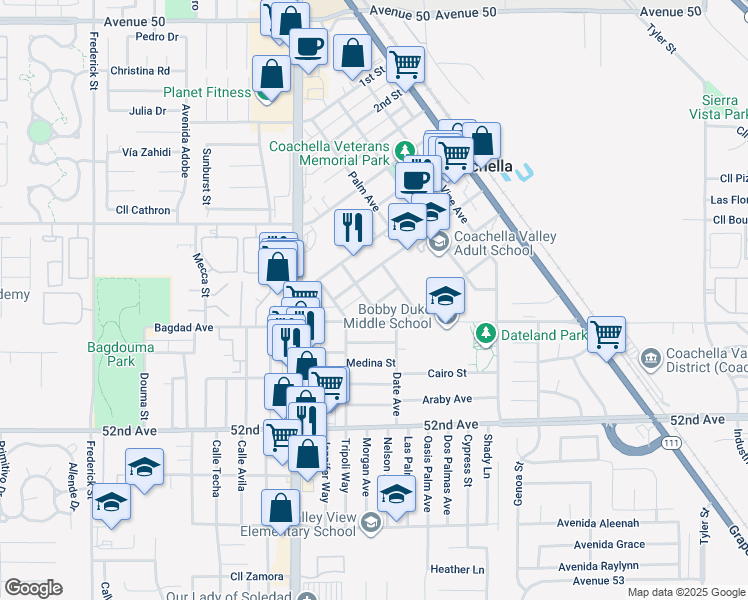 map of restaurants, bars, coffee shops, grocery stores, and more near 1120 Date Avenue in Coachella