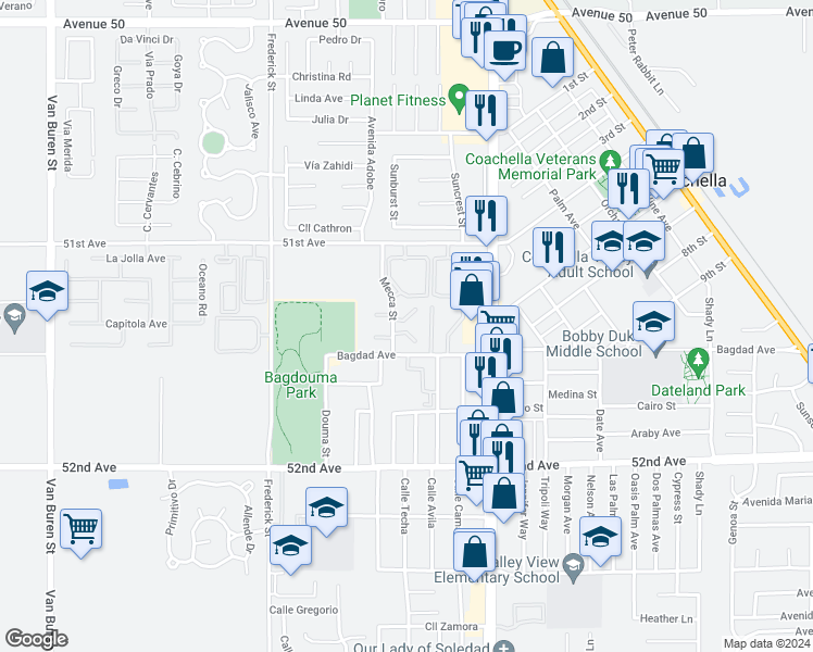 map of restaurants, bars, coffee shops, grocery stores, and more near 51501 Mecca Street in Coachella