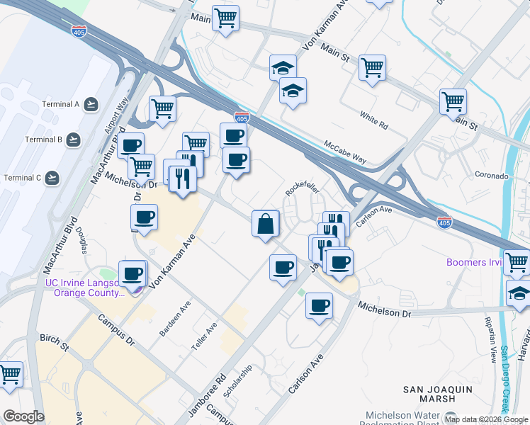 map of restaurants, bars, coffee shops, grocery stores, and more near 99 Waldorf in Irvine