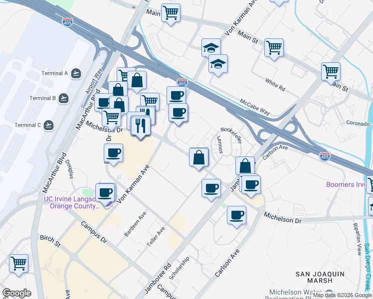 map of restaurants, bars, coffee shops, grocery stores, and more near 300 Michelson Drive in Irvine
