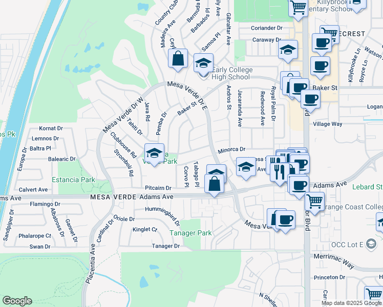 map of restaurants, bars, coffee shops, grocery stores, and more near 2870 Tabago Place in Costa Mesa