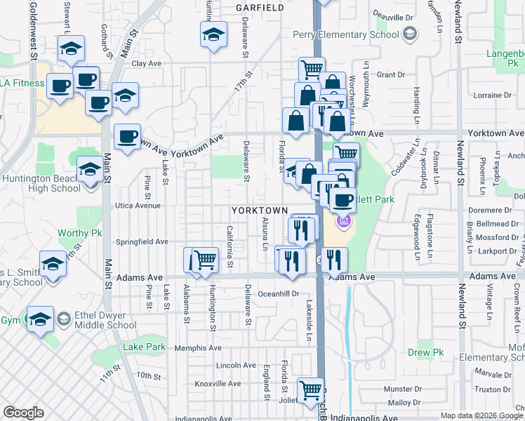 map of restaurants, bars, coffee shops, grocery stores, and more near 1918 Alsuna Lane in Huntington Beach