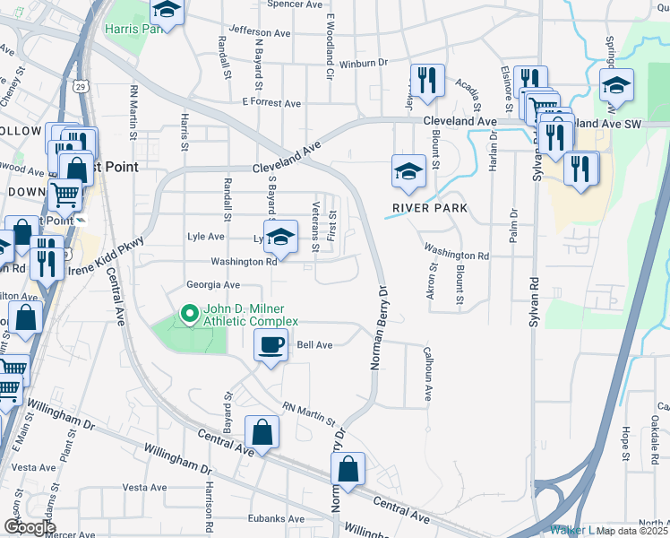 map of restaurants, bars, coffee shops, grocery stores, and more near 1258 East Washington Avenue in Atlanta