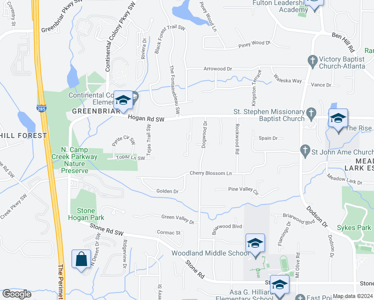 map of restaurants, bars, coffee shops, grocery stores, and more near Pine Canyon Drive Southwest in Atlanta