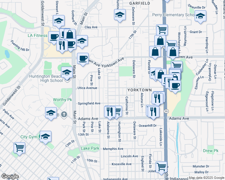 map of restaurants, bars, coffee shops, grocery stores, and more near 214 Utica Avenue in Huntington Beach
