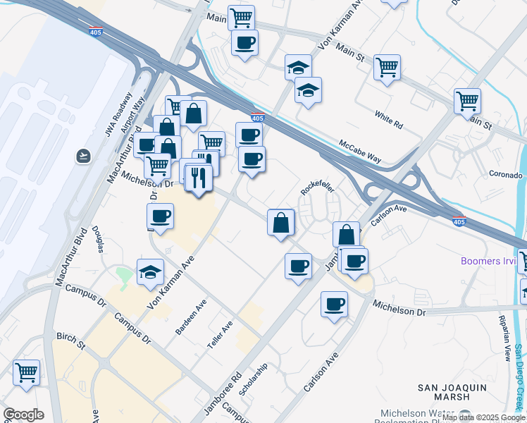 map of restaurants, bars, coffee shops, grocery stores, and more near 300 Michelson Drive in Irvine