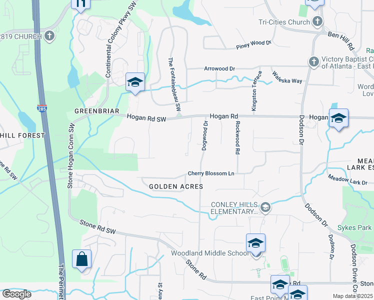 map of restaurants, bars, coffee shops, grocery stores, and more near Pine Canyon Drive Southwest in Atlanta