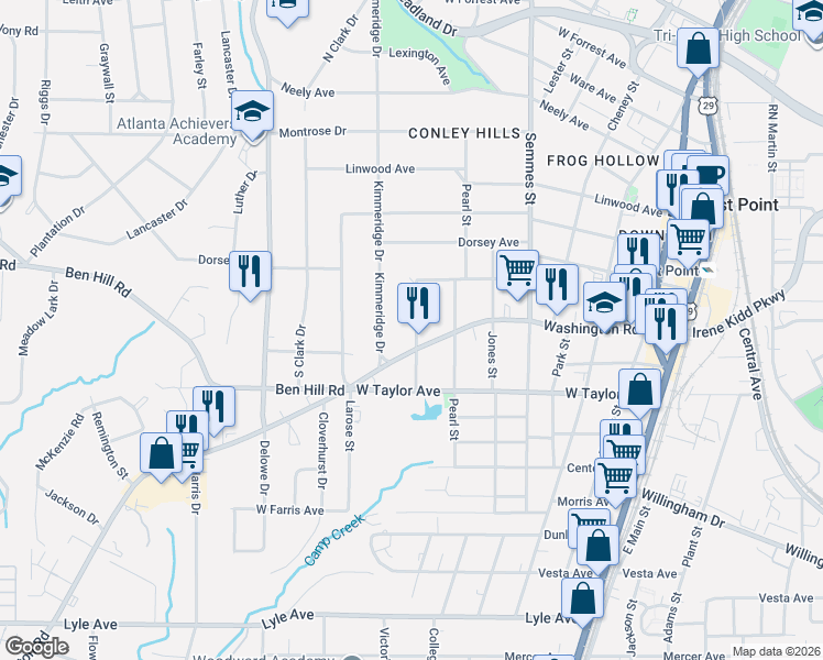 map of restaurants, bars, coffee shops, grocery stores, and more near 1925 Washington Road in East Point