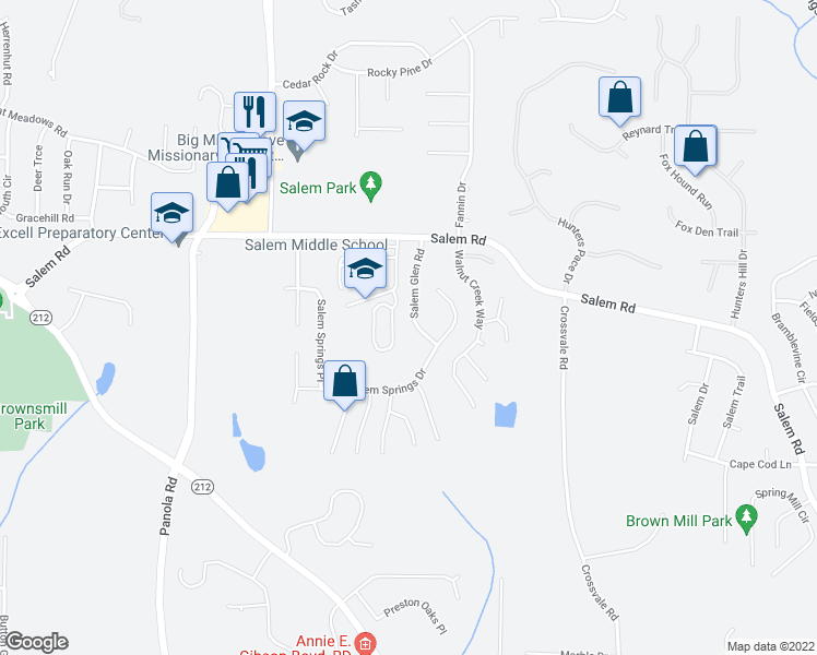map of restaurants, bars, coffee shops, grocery stores, and more near 3625 Salem Glen Road in Lithonia