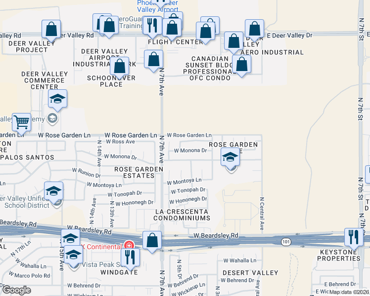 map of restaurants, bars, coffee shops, grocery stores, and more near 502 West Monona Drive in Phoenix