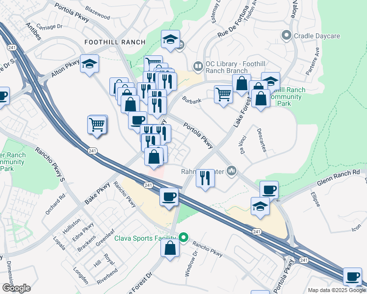 map of restaurants, bars, coffee shops, grocery stores, and more near 107 Primrose Drive in Lake Forest