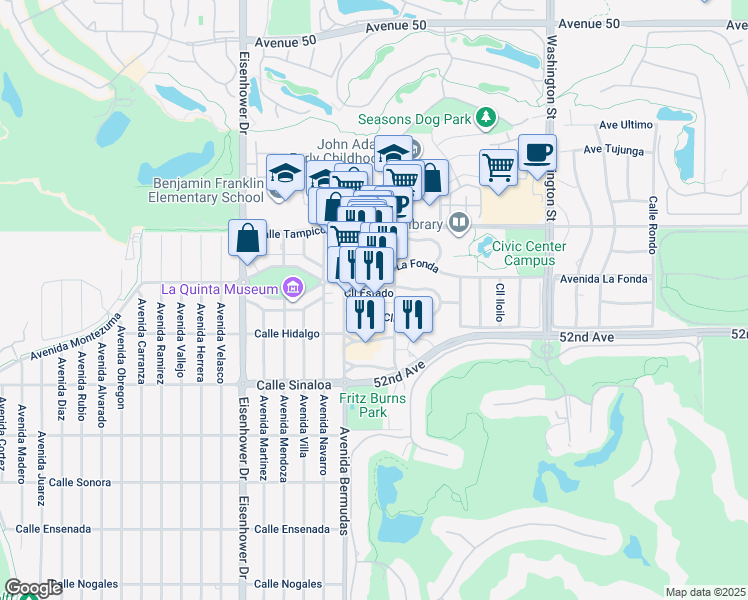 map of restaurants, bars, coffee shops, grocery stores, and more near 78072 Calle Cadiz in La Quinta