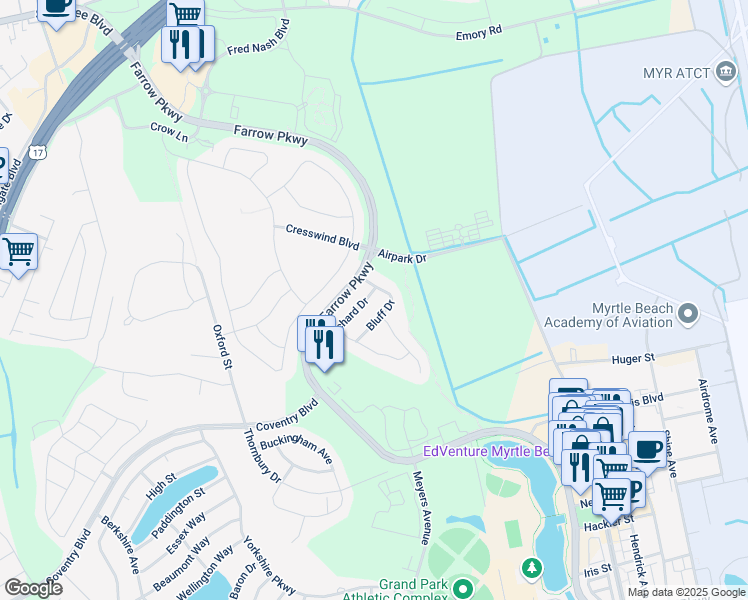 map of restaurants, bars, coffee shops, grocery stores, and more near 1805 Bluff Drive in Myrtle Beach