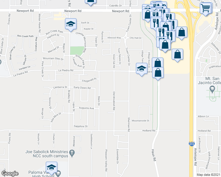 map of restaurants, bars, coffee shops, grocery stores, and more near 30645 Old Windmill Road in Menifee