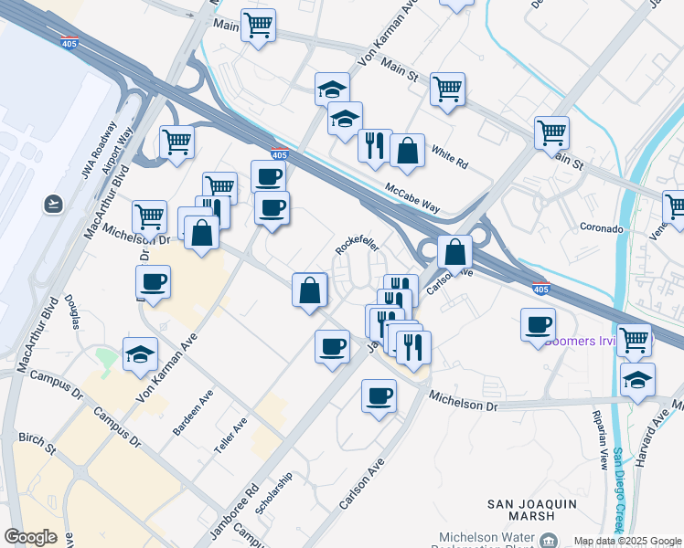 map of restaurants, bars, coffee shops, grocery stores, and more near 808 Rockefeller in Irvine