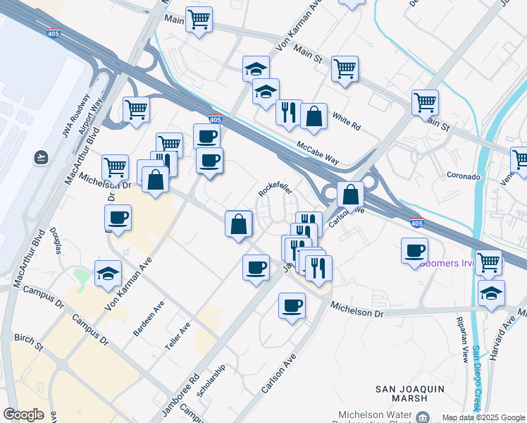 map of restaurants, bars, coffee shops, grocery stores, and more near 561 Rockefeller in Irvine